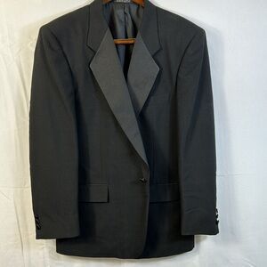 C & R Clothiers Black Wool Suit Jacket Size 44Reg Shiny Lapel Pockets Int. & Ext